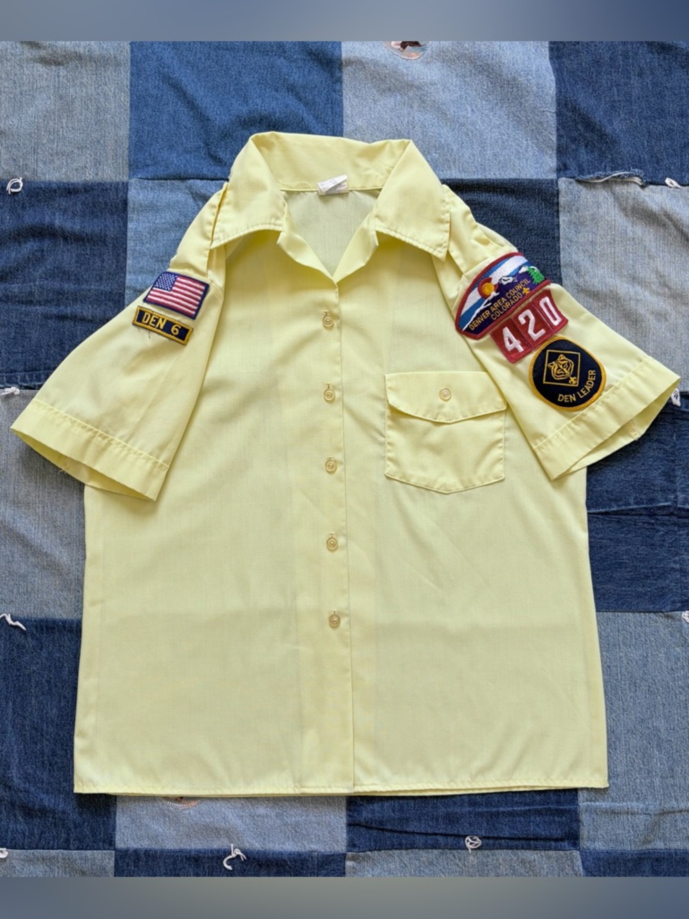 Vintage Boy Scouts of America Blouse Womens 12 Yellow Denver 420 Patches USA